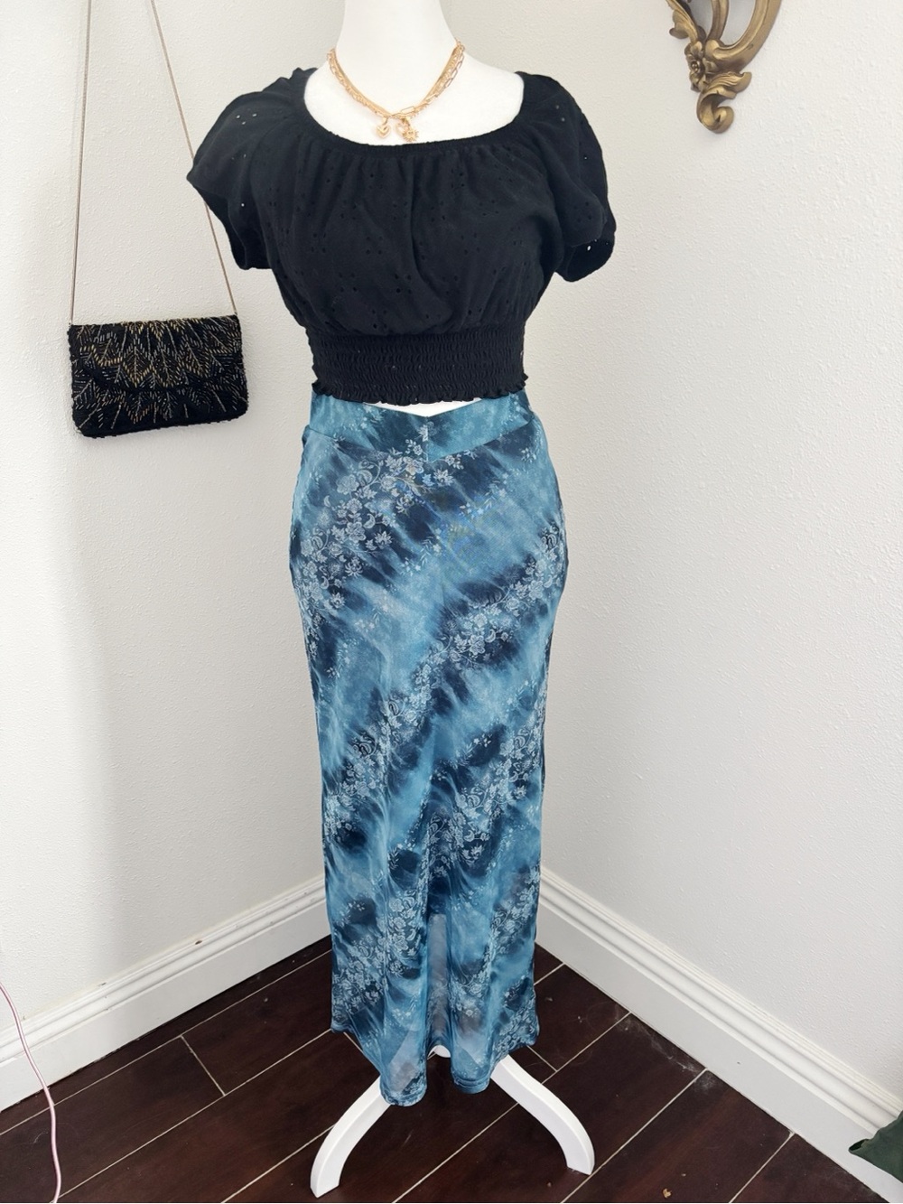 Blue y2k vintage urban outfitters boho maxi skirt silver floral pattern XS